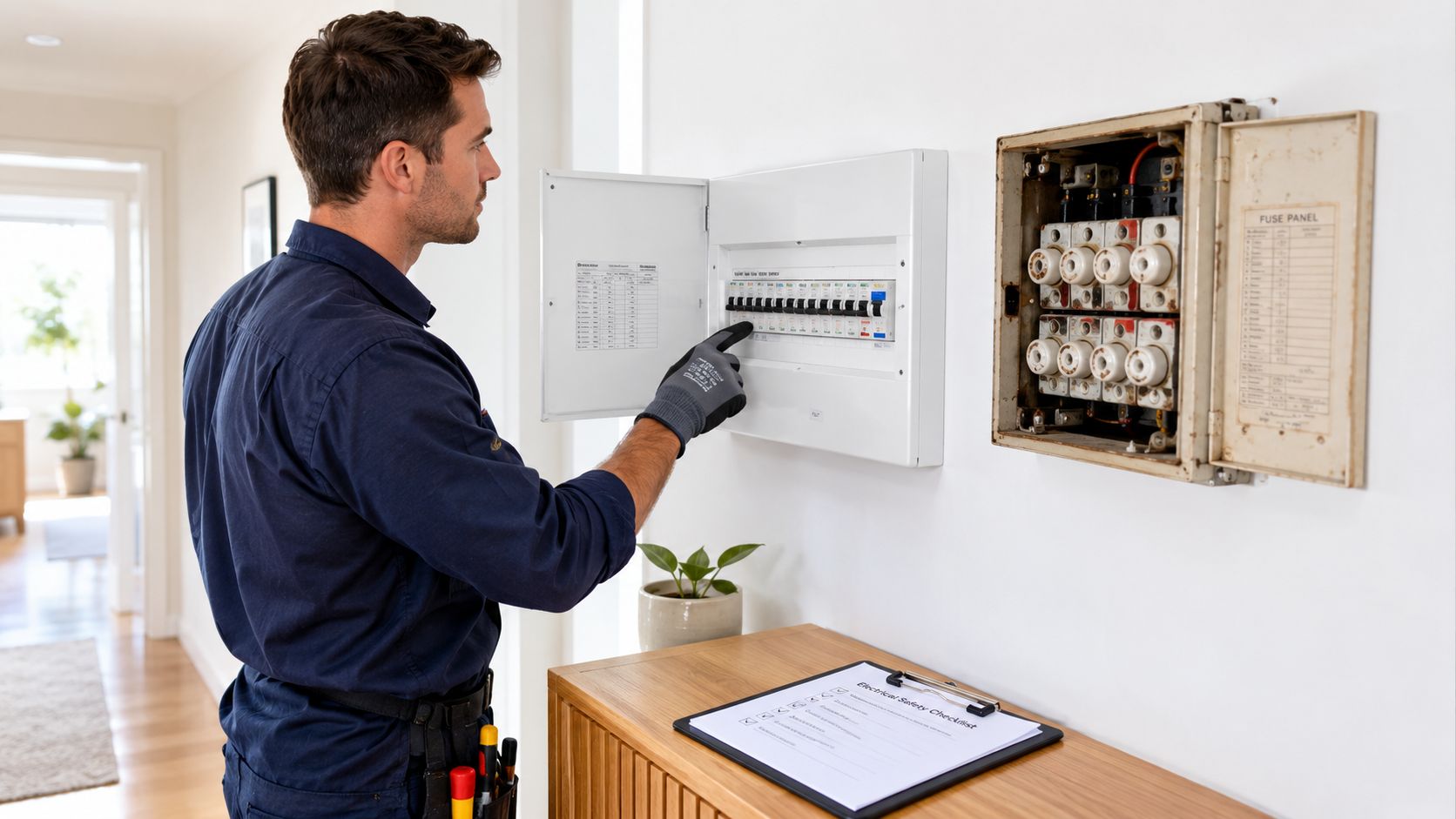 A Professional Electrician Performing An Electrical Safety Check On A Circuit Breaker Box Inside A Residential Property.