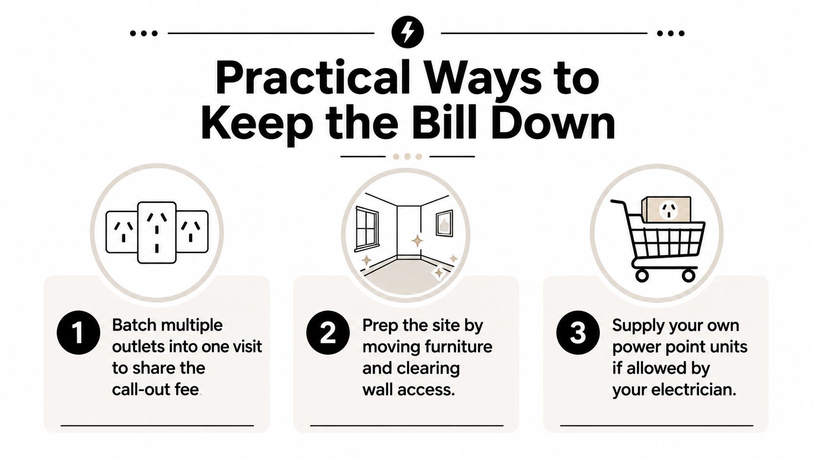 A Graphic Showing Three Practical Tips To Reduce The Cost Of Residential Power Point Installation Services.