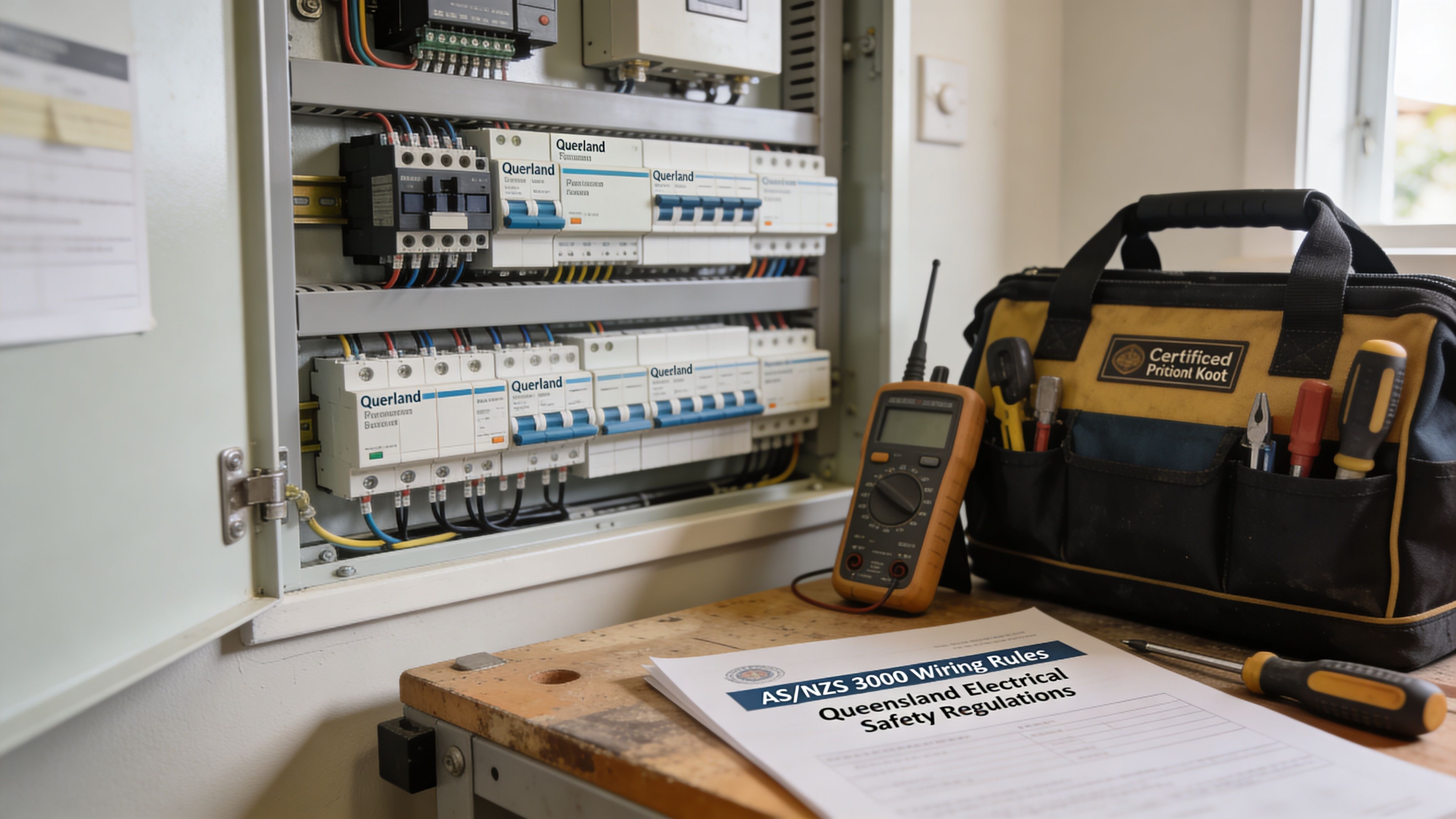 An Electrical Switchboard With Circuit Breakers Next To A Technician'S Toolkit And Electrical Safety Regulation Documents.