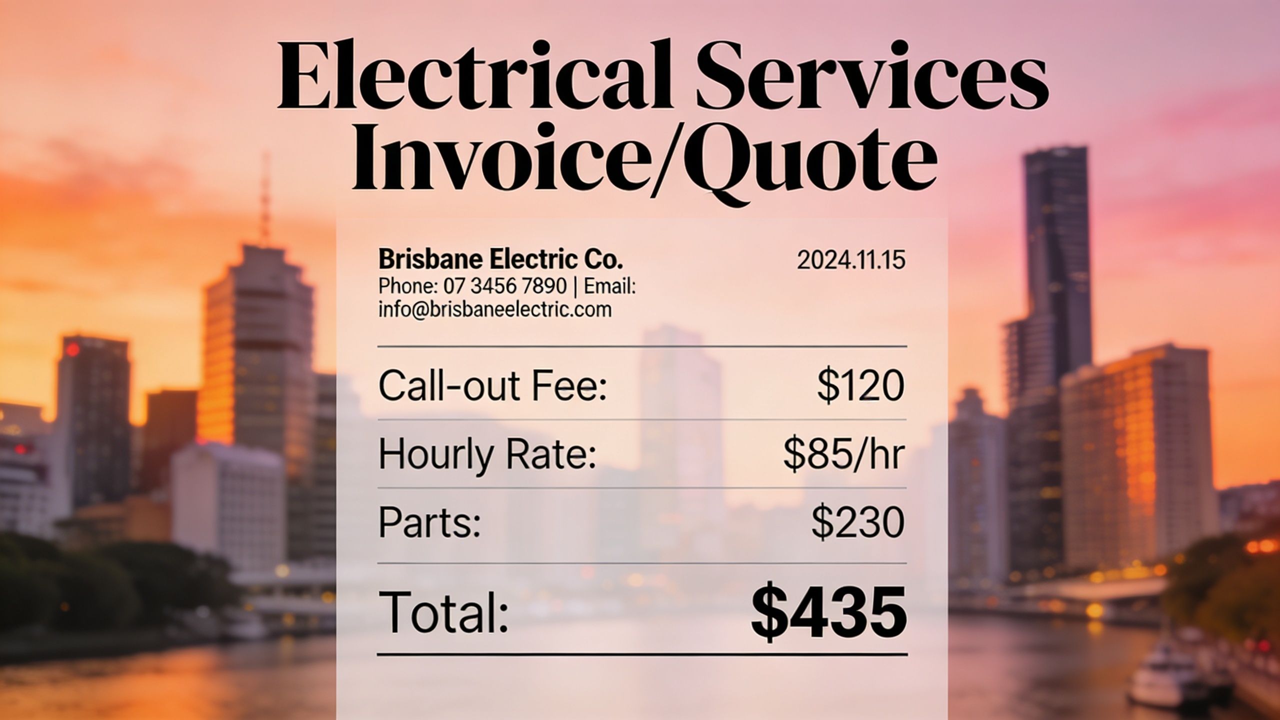 A Professional Invoice Or Quote Template For Electrical Services From Brisbane Electric Company Showing Pricing Details.