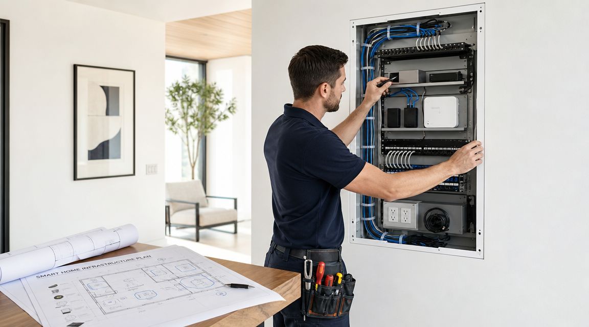 A Professional Technician Installing And Configuring Smart Home Infrastructure Equipment Inside A Wall-Mounted Panel.