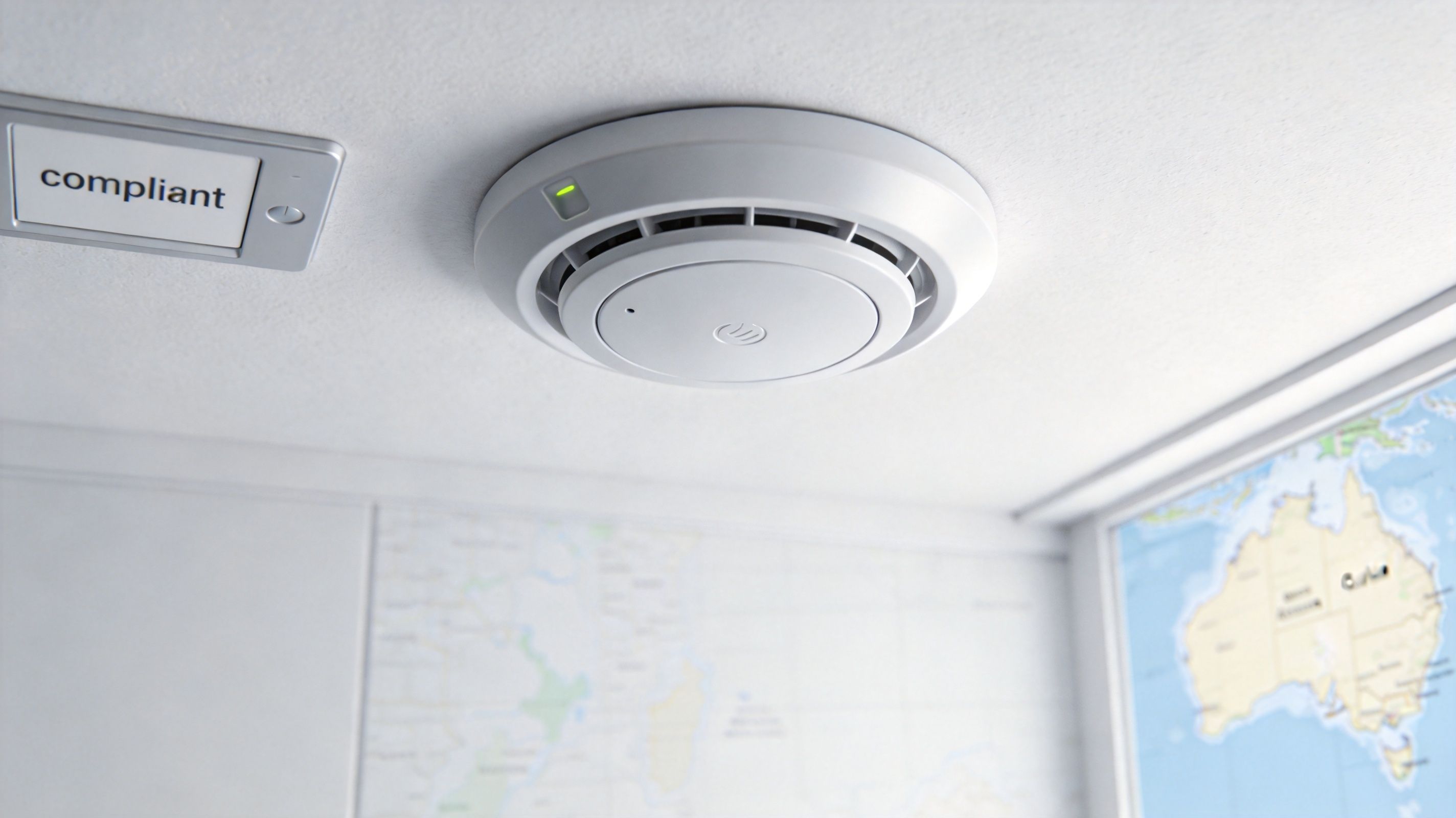A Modern Smoke Detector Installed On A White Ceiling Next To A Compliant Sign And World Map.