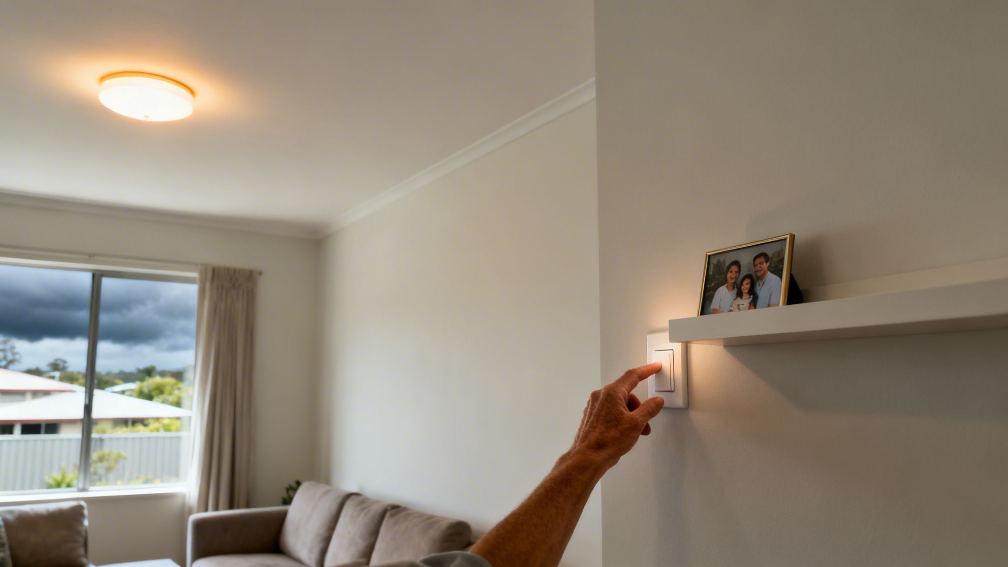 A Hand Turns On A White Light Switch On A Wall, Illuminating A Room With A Ceiling Light.