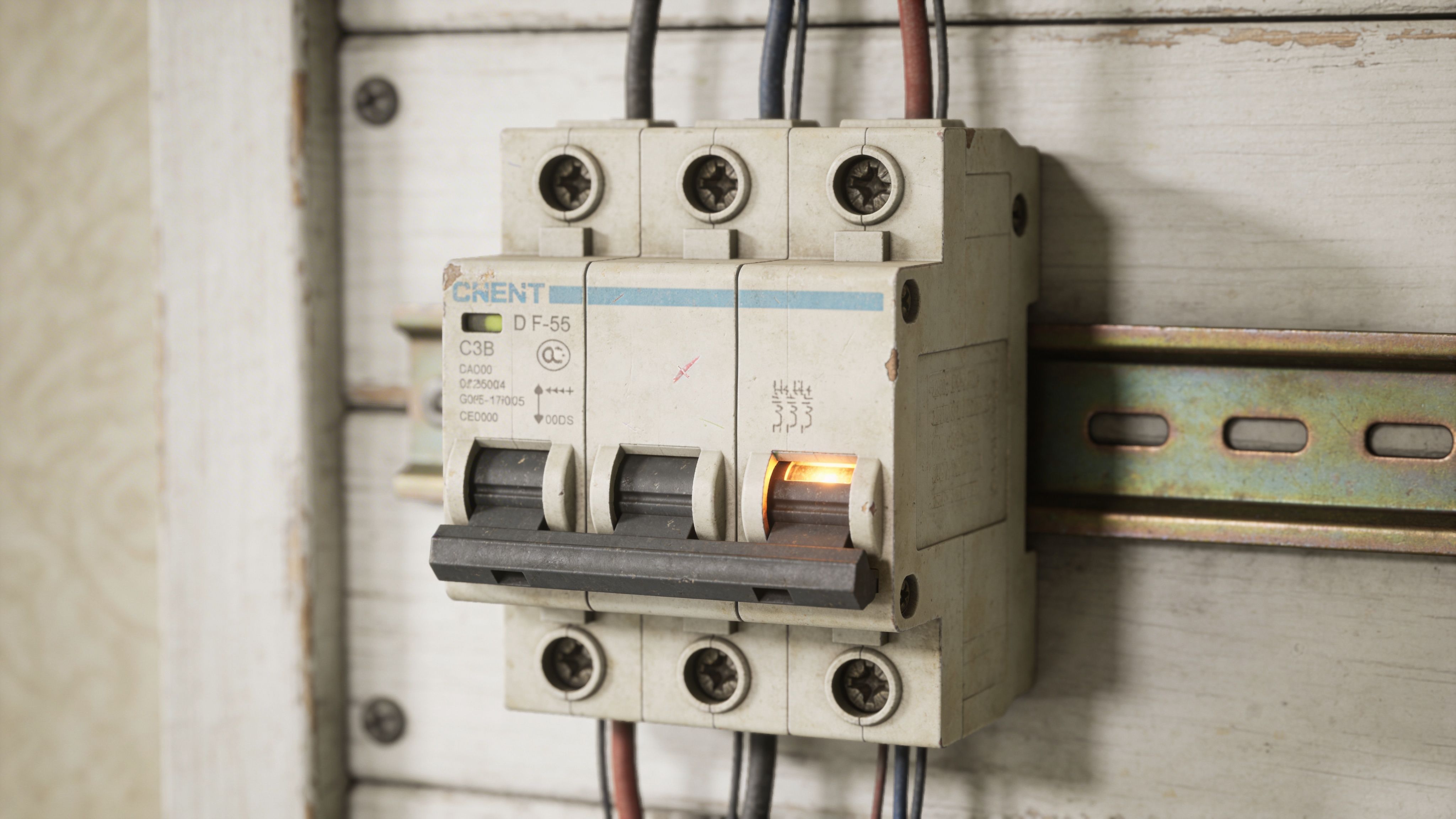 A Close-Up View Of A Three-Phase Circuit Breaker With One Switch Illuminated On A Wall Panel.