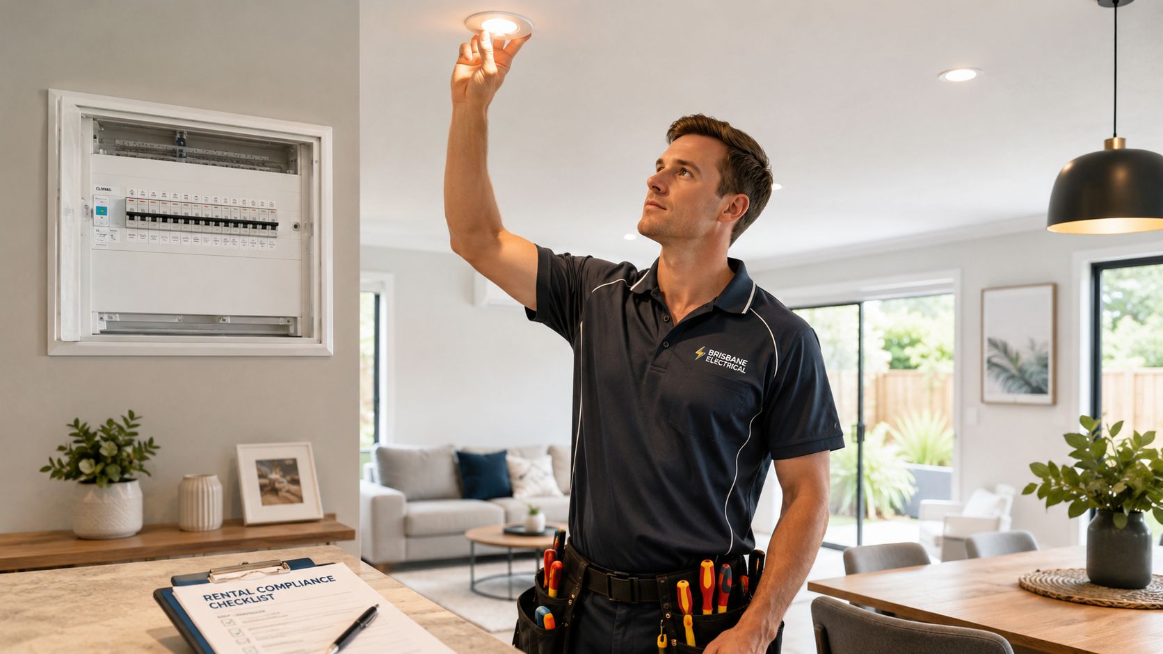 A Professional Electrician From Brisbane Electrical Checking A Recessed Ceiling Light In A Modern Home Interior.