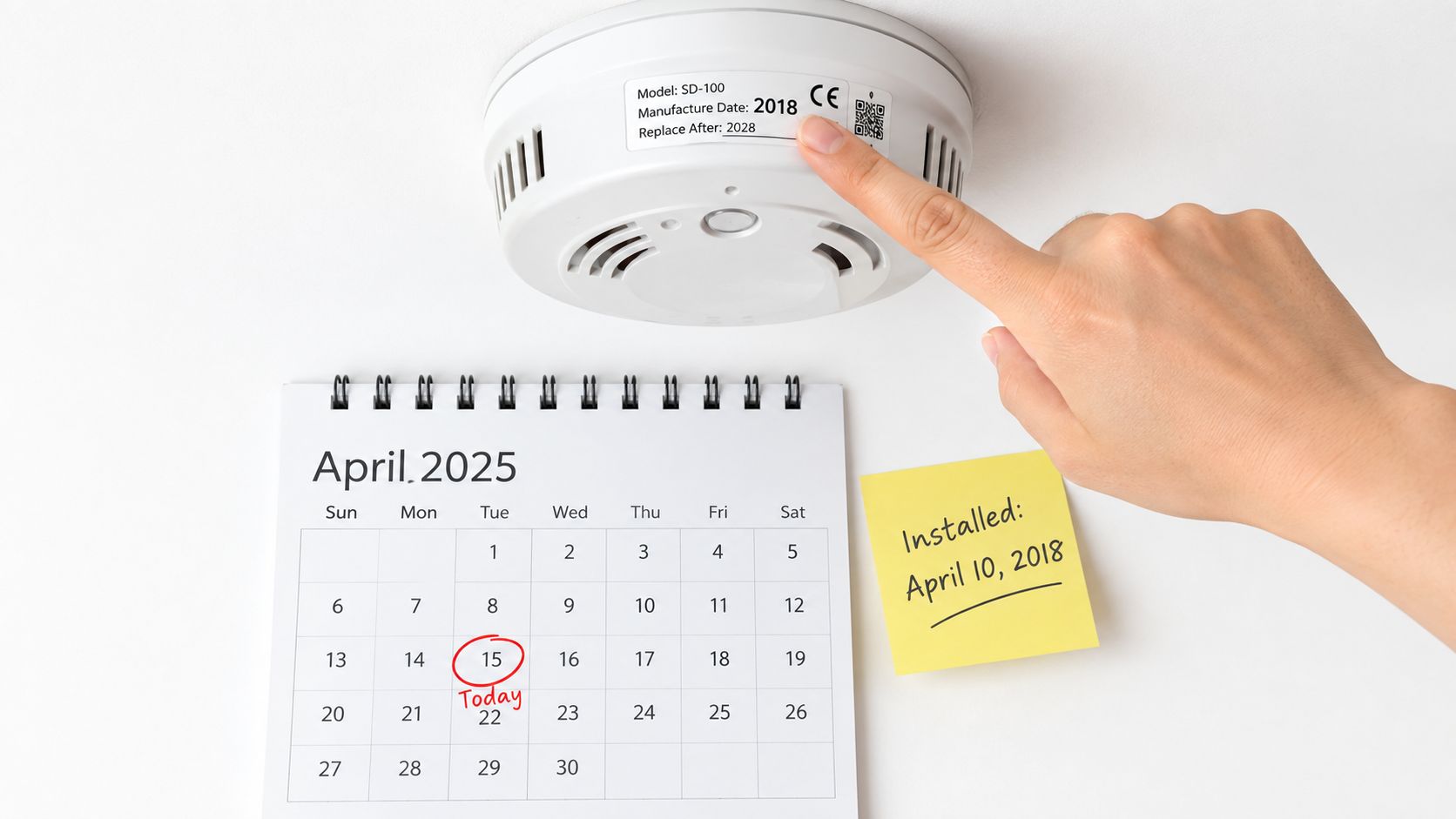 A Hand Pointing At A Smoke Alarm With A Calendar Set For April 2025 And An Installation Note.