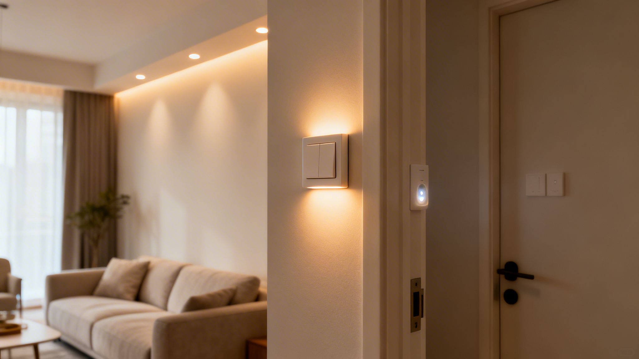 A Cozy Modern Living Room With Warm Accent Lighting And Smart Home Devices Near A Door.