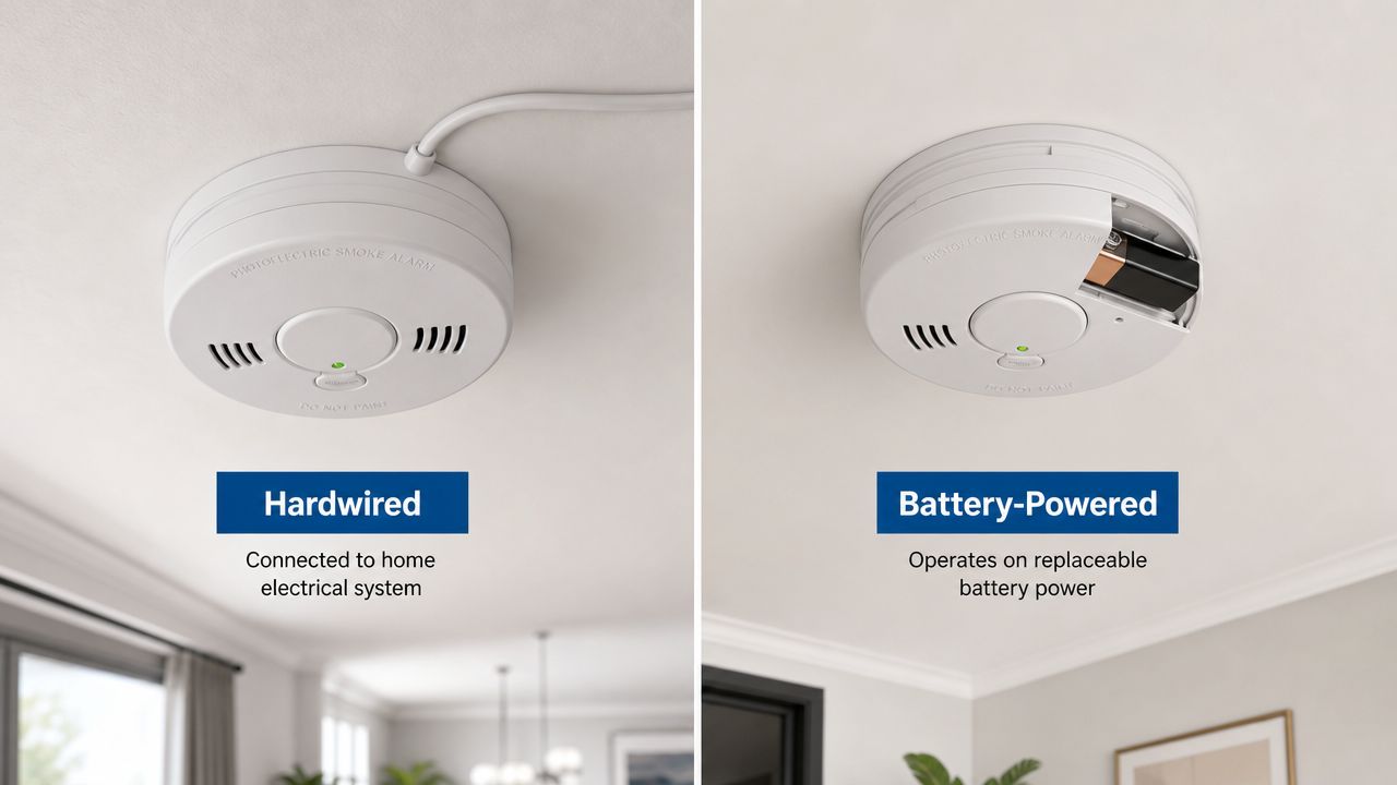 A Comparison Image Showing A Hardwired Photoelectric Smoke Alarm And A Battery-Powered Photoelectric Smoke Alarm On Ceilings.