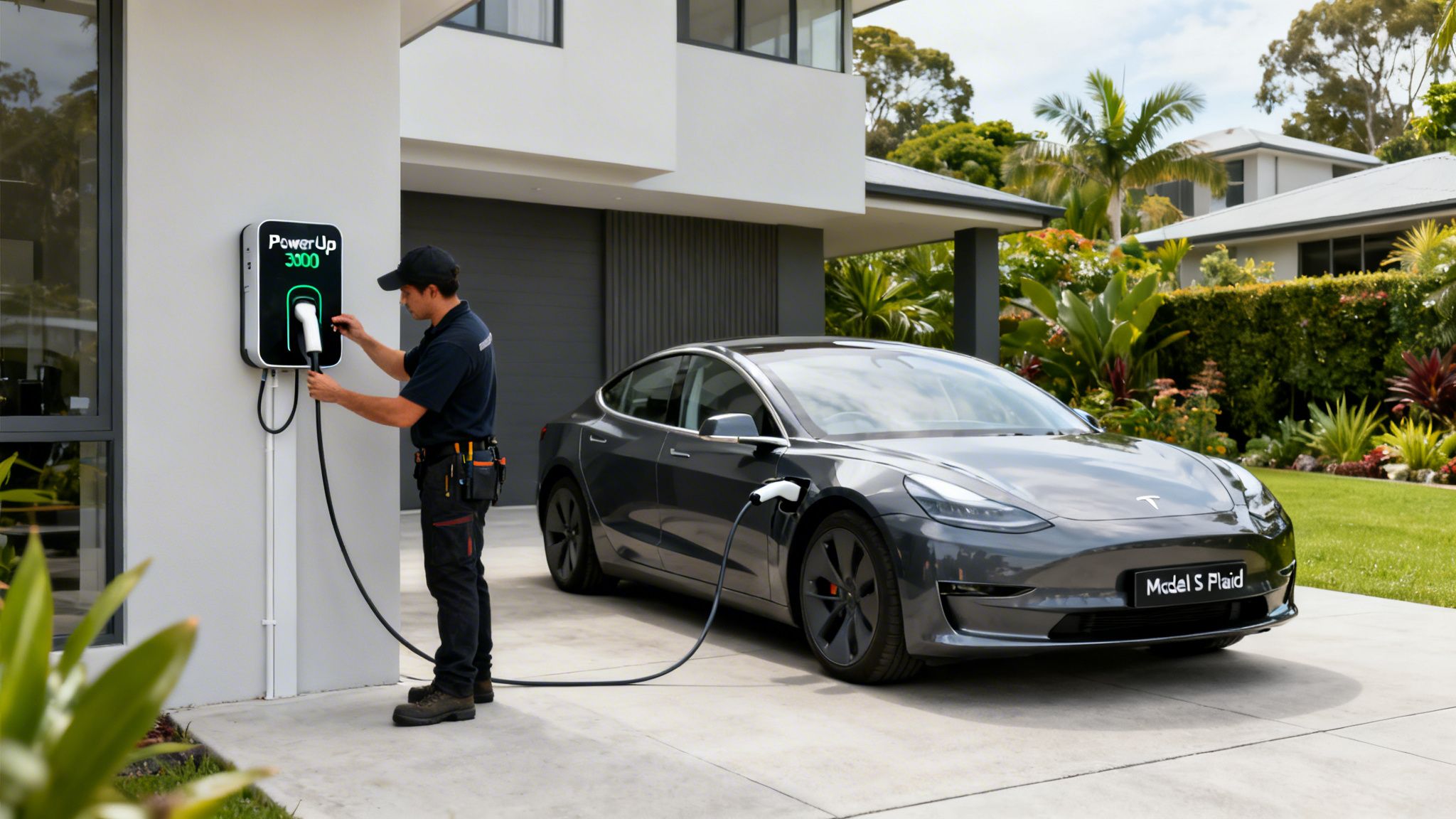 A Professional Electrician Installing A Home Ev Charger For A Tesla Car In A Modern Driveway.