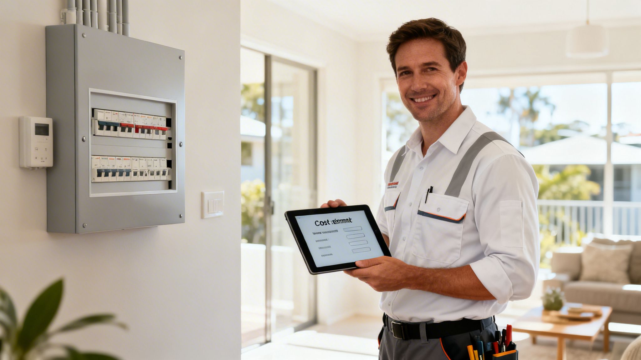 Smiling Electrician Holding A Tablet Displaying A Cost Statement In Front Of A Modern Switchboard.