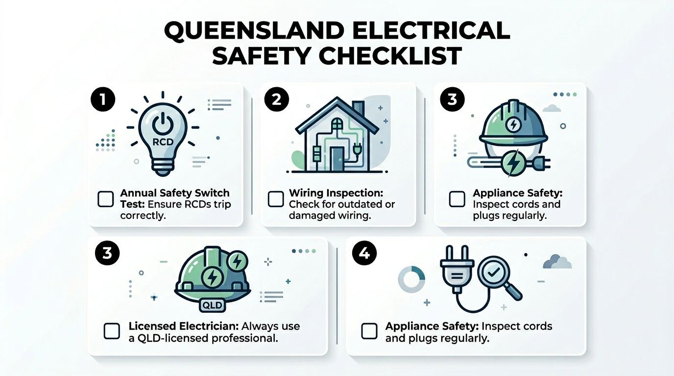 A Queensland Electrical Safety Checklist Infographic Showing Icons For Testing Rcds, Inspecting Wiring, And Hiring Licensed Electricians.