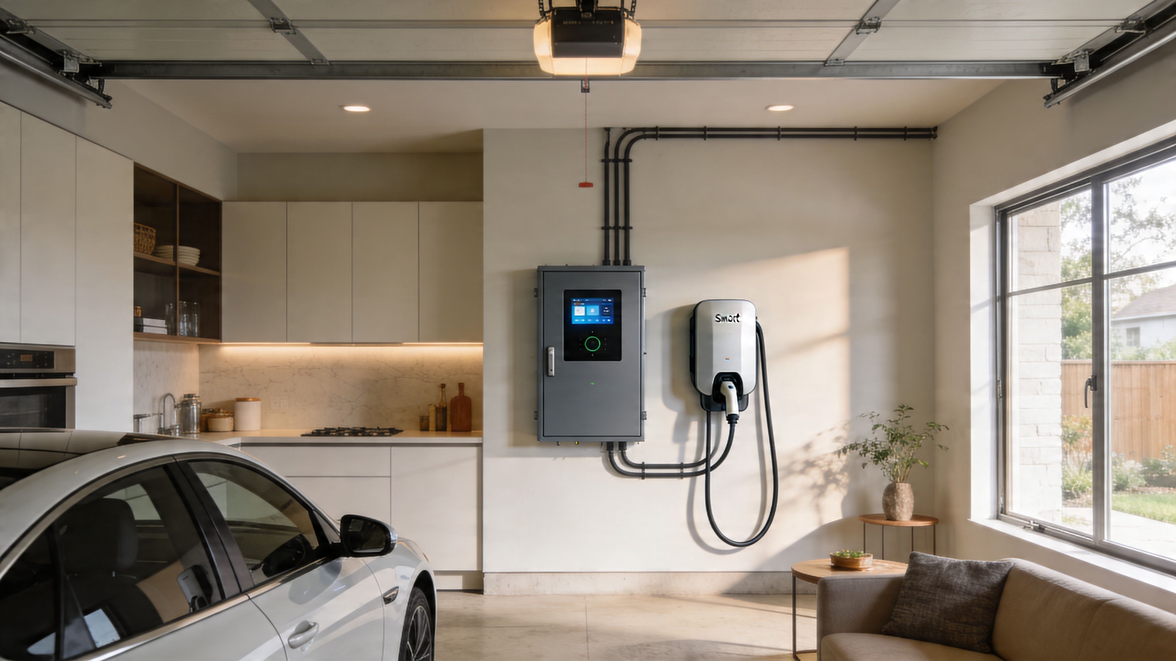 A Sleek, Modern Electric Vehicle Charging Station Mounted On A White Wall In A Residential Garage.