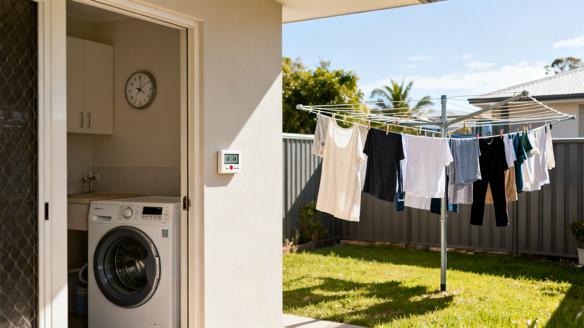 How To Reduce Power Bills: How To Reduce Power Bill With Brisbane Tips 2 A Domestic Laundry Room With A Washing Machine And Sink, Next To Clothes Drying On An Outdoor Rotary Clothesline Under A Sunny Sky.