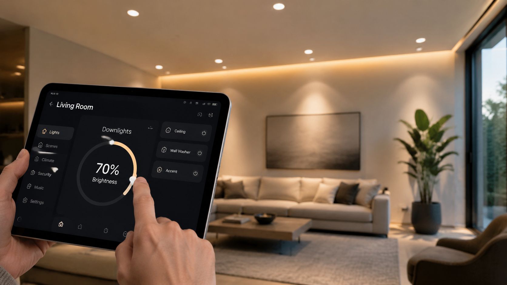 A Person Adjusting The Living Room Downlight Brightness Settings On A Digital Smart Home Tablet Interface.