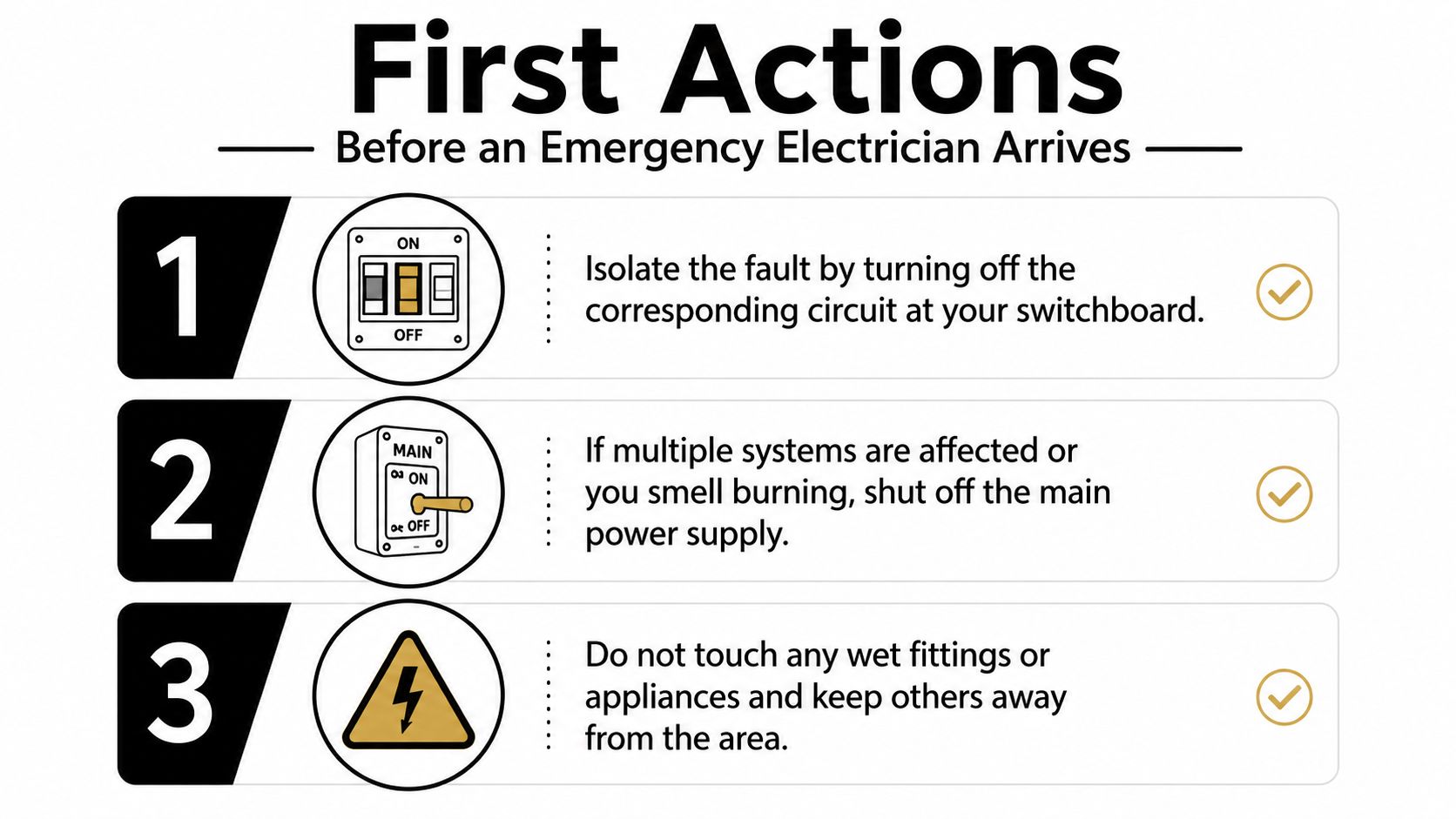 A Safety Infographic Illustrating Three Initial Steps To Take Before An Emergency Electrician Arrives At Your Home.
