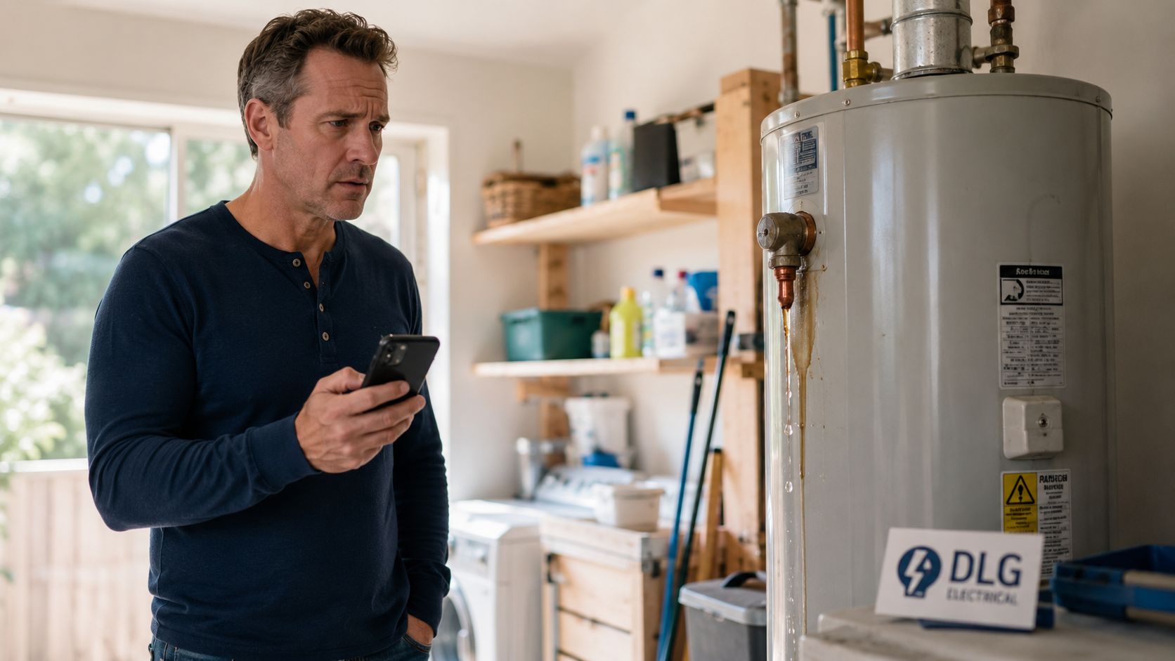 A Man Looking Worried At His Smartphone While Standing Beside A Leaking Residential Water Heater Unit.