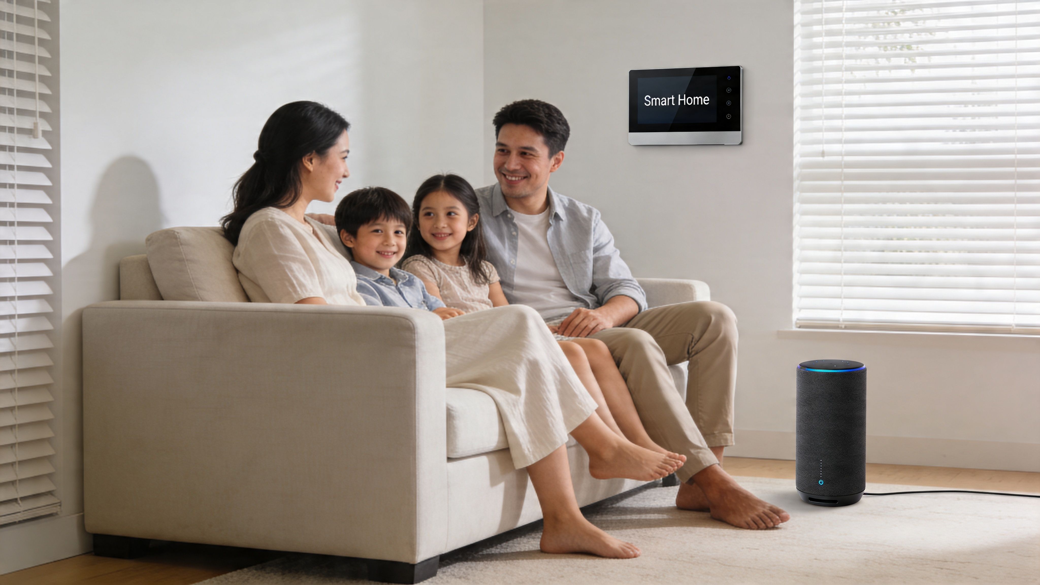 A Happy Family Sitting On A Sofa In A Modern Home Equipped With Smart Technology Devices.