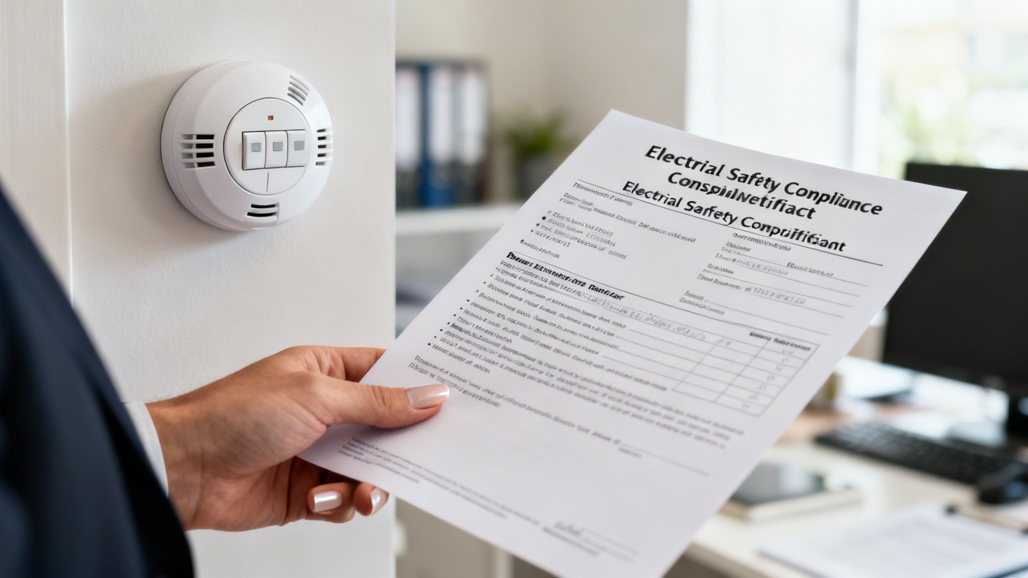 A Professional Holding An Electrical Safety Compliance Certificate In Front Of A Smoke Alarm On The Wall.