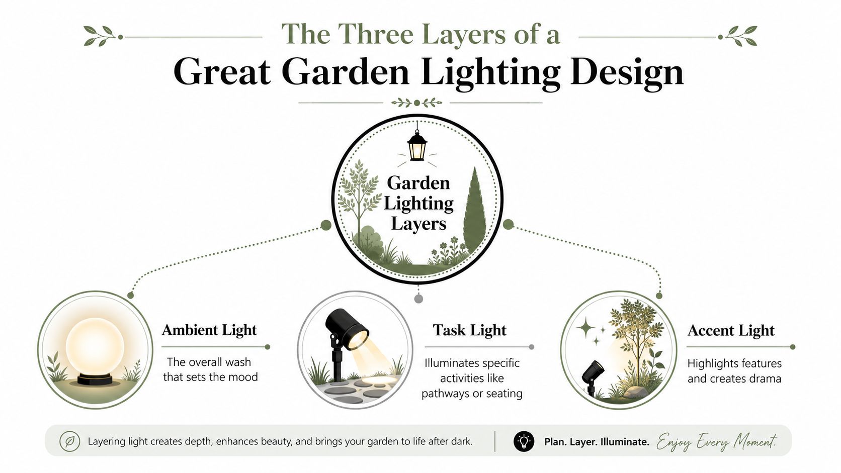 A Diagram Illustrating The Three Essential Layers Of Garden Lighting: Ambient, Task, And Accent Lighting Design.
