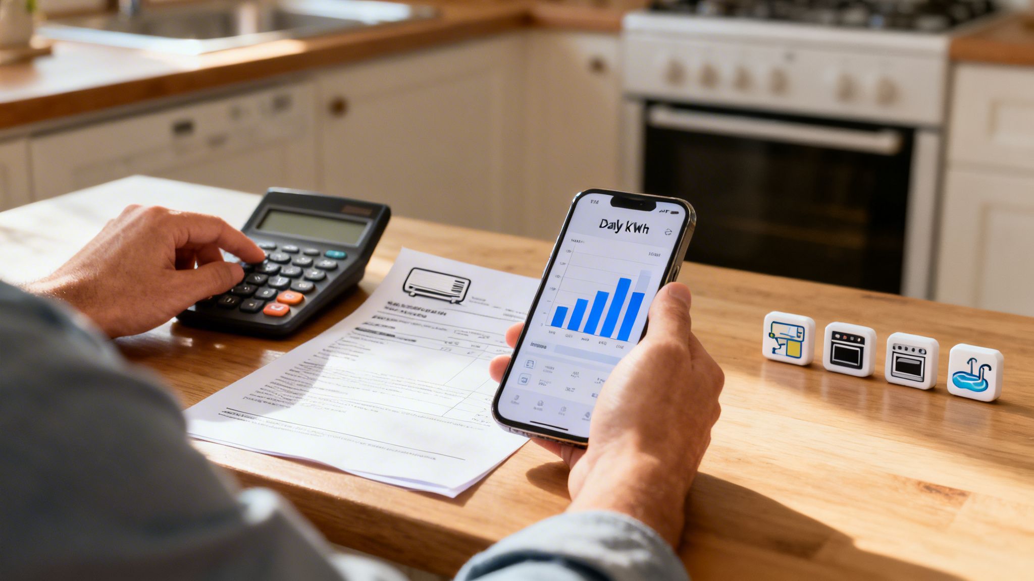 What Size Solar Battery Do I Need? A 2026 Brisbane Guide 2 Hands Calculate Energy Costs, Comparing A Utility Bill With A Daily Kwh Chart On A Phone.