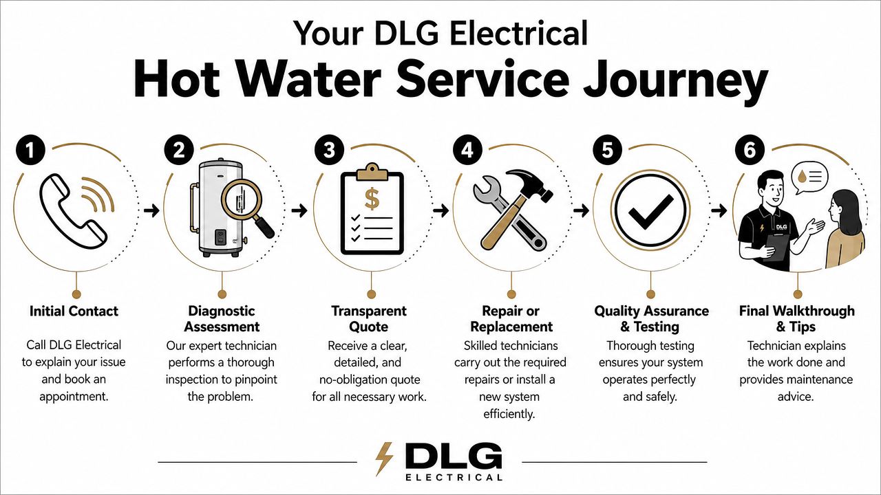 A Six-Step Infographic Detailing The Dlg Electrical Hot Water Service Process From Initial Contact To Final Maintenance.
