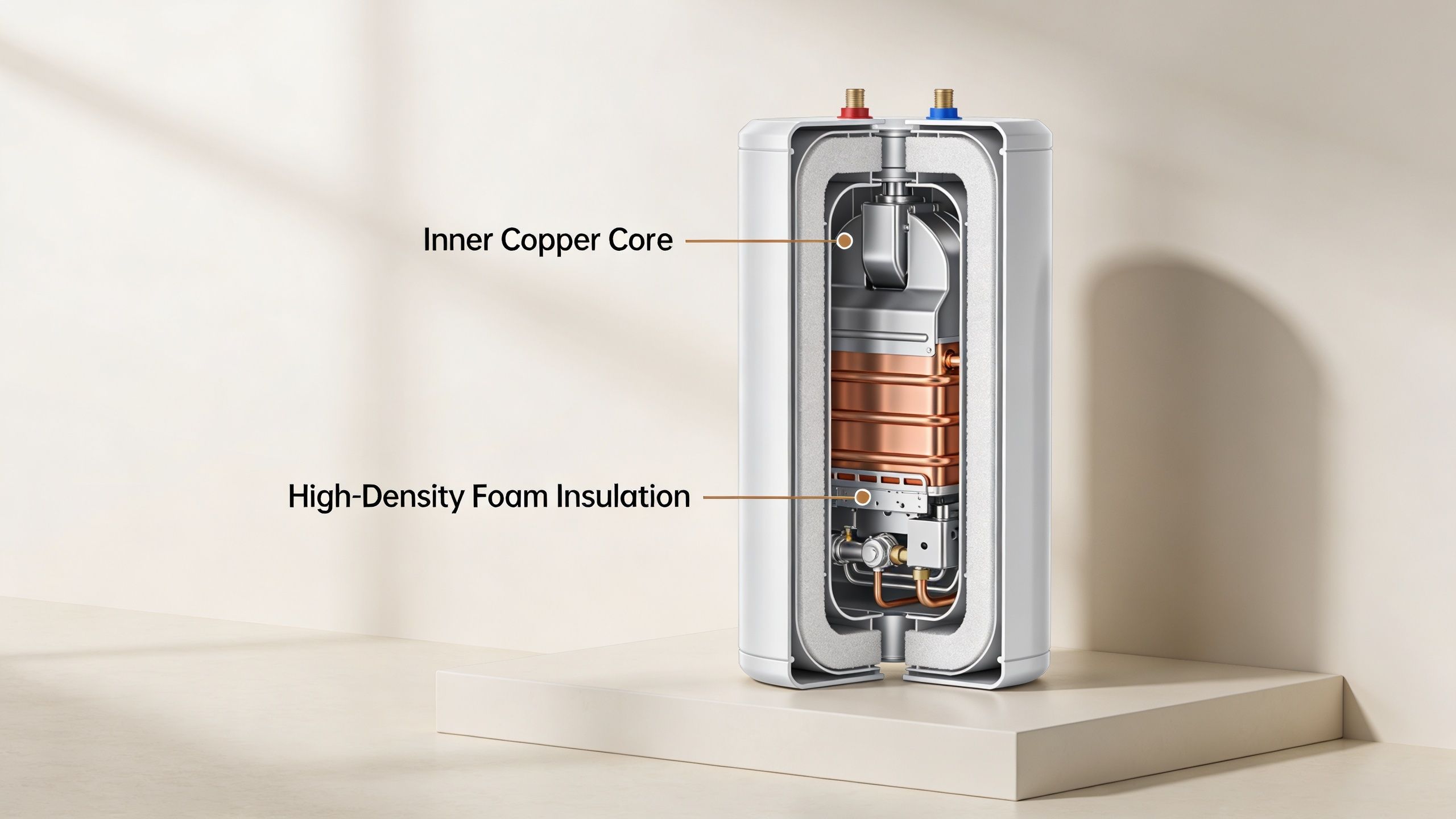A Cutaway View Of A Vertical Electric Hot Water Cylinder Showing Its Internal Copper Core And Insulation.