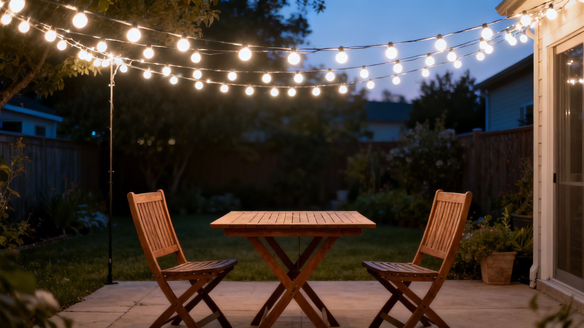 A Cozy Backyard Patio At Dusk, Featuring String Lights, A Wooden Table, And Two Chairs.