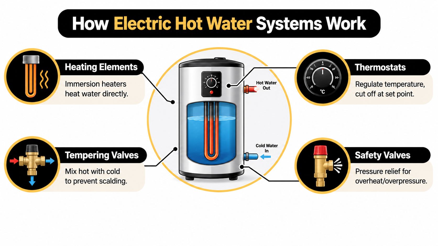 A Diagram Illustrating The Key Components Of An Electric Hot Water System Including Heating Elements And Thermostats.