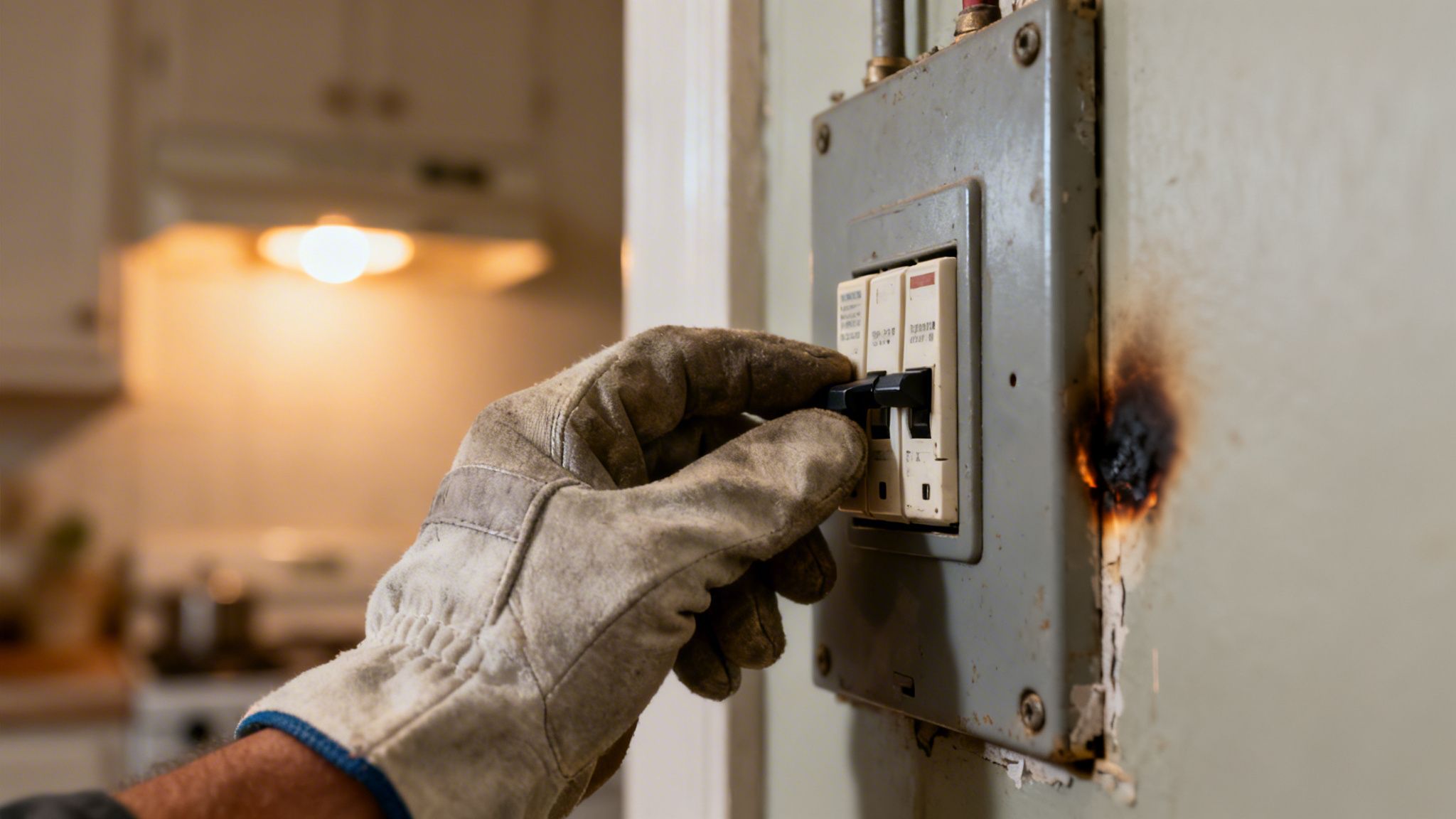 A Person Wearing A Work Glove Turns Off A Faulty Circuit Breaker On An Electrical Panel.
