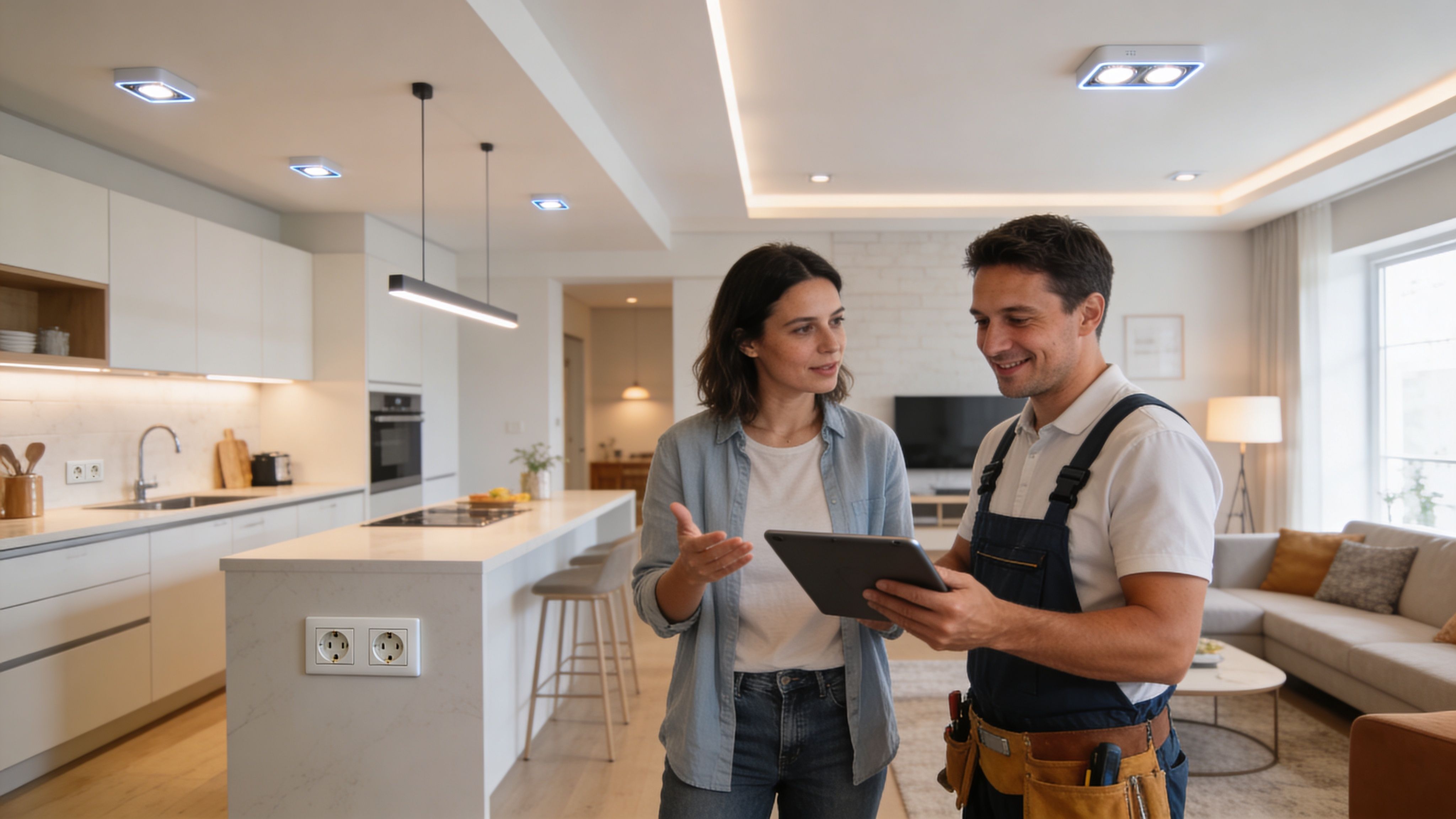 A Professional Electrician In Work Overalls Discussing Renovation Plans On A Tablet With A Female Homeowner.