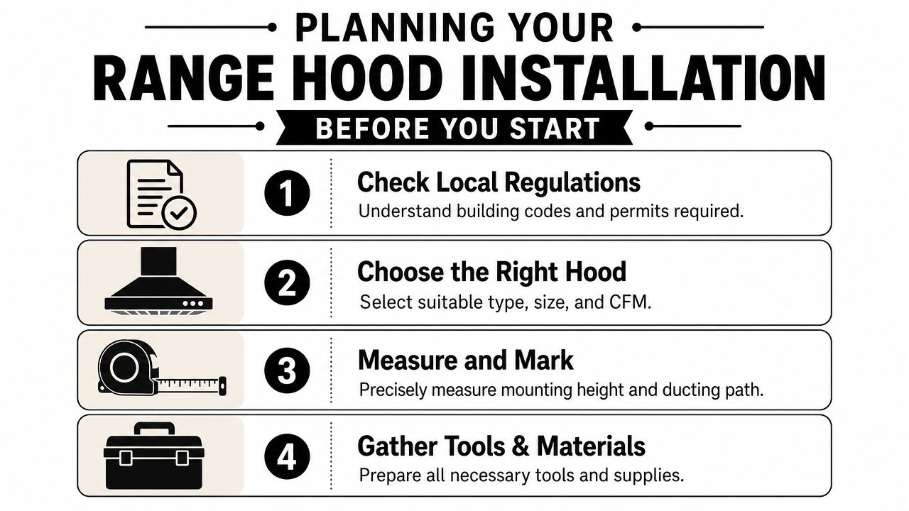 A Helpful Infographic Showing Four Essential Steps For Planning A Professional Range Hood Installation In Your Kitchen.