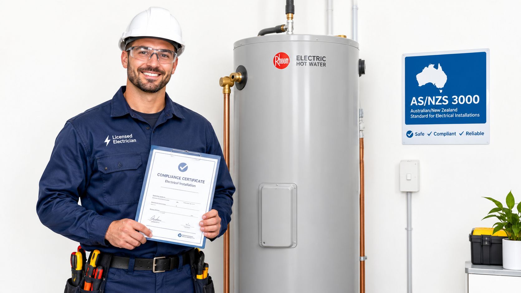 A Professional Electrician Standing Next To A Rheem Electric Hot Water Tank Holding A Compliance Certificate.