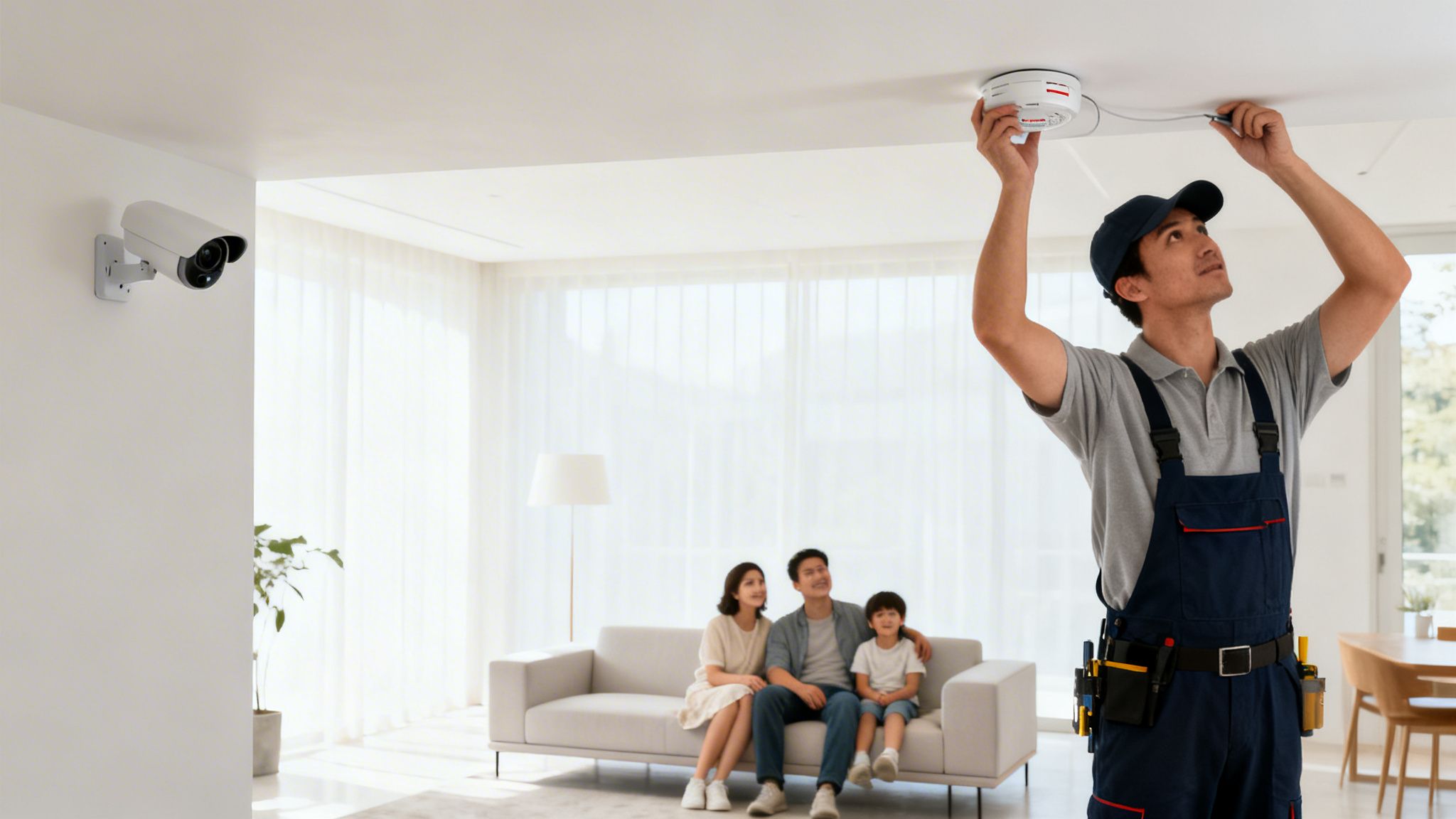 Professional Electrician Installing A Smoke Alarm In A Smart Home With A Family Watching.
