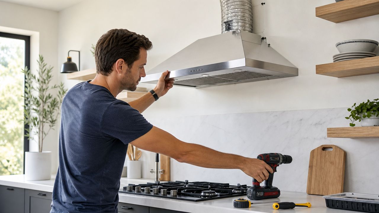 A Man Installs A Stainless Steel Range Hood Above A Gas Stove In A Modern Kitchen.