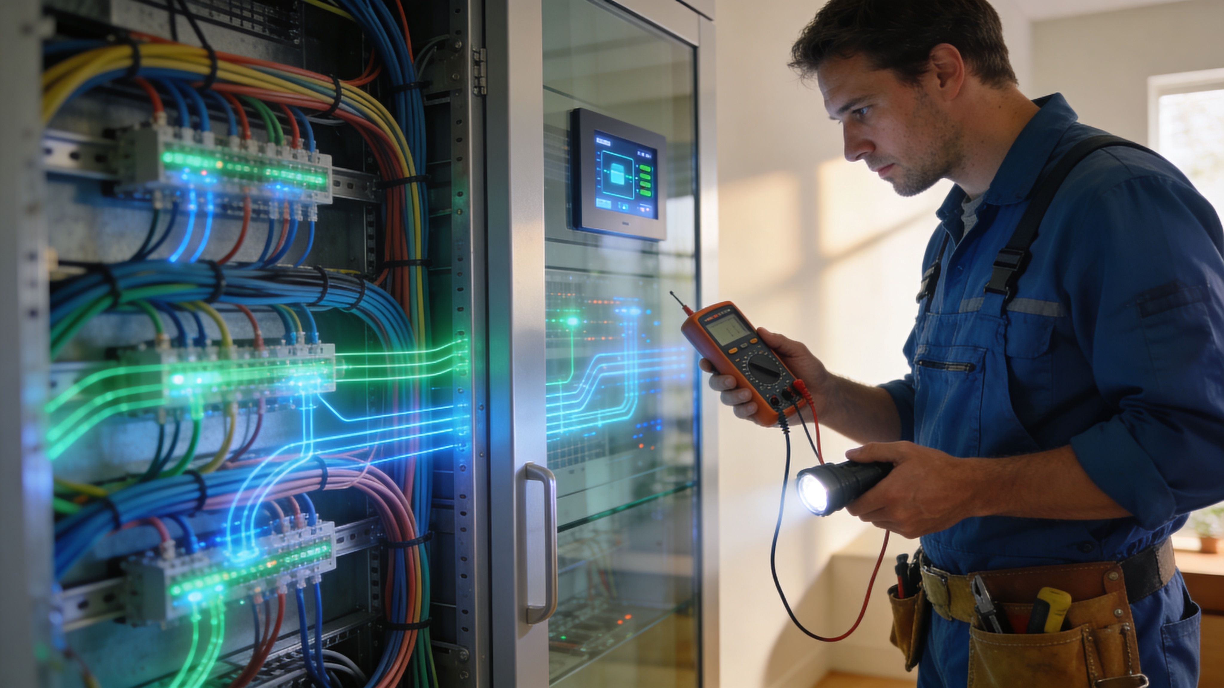 A Professional Electrician Inspects Electrical Cabinet Wiring Using A Multimeter And A Flashlight In A Server Room.