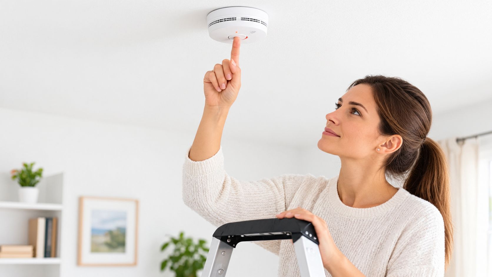 A Young Woman Standing On A Ladder Testing A Smoke Detector On The Ceiling Of Her Home.