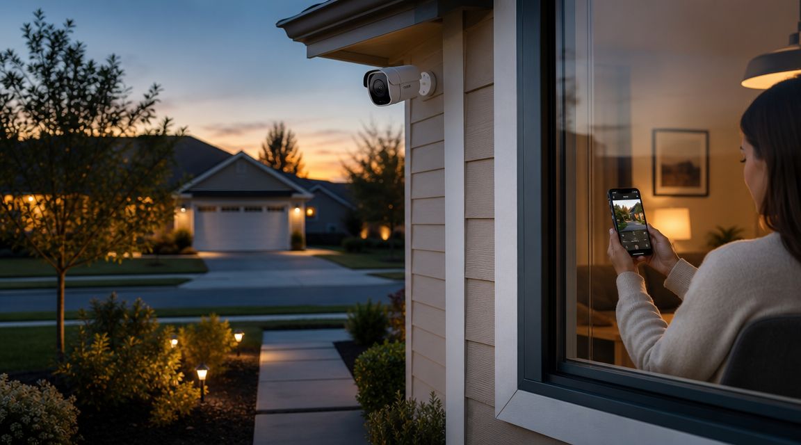 Security Camera Installation For Home: 2026 Setup Guide 1 A Woman Using Her Smartphone To Check Her Home Security Camera Feed While Sitting Near A Window.