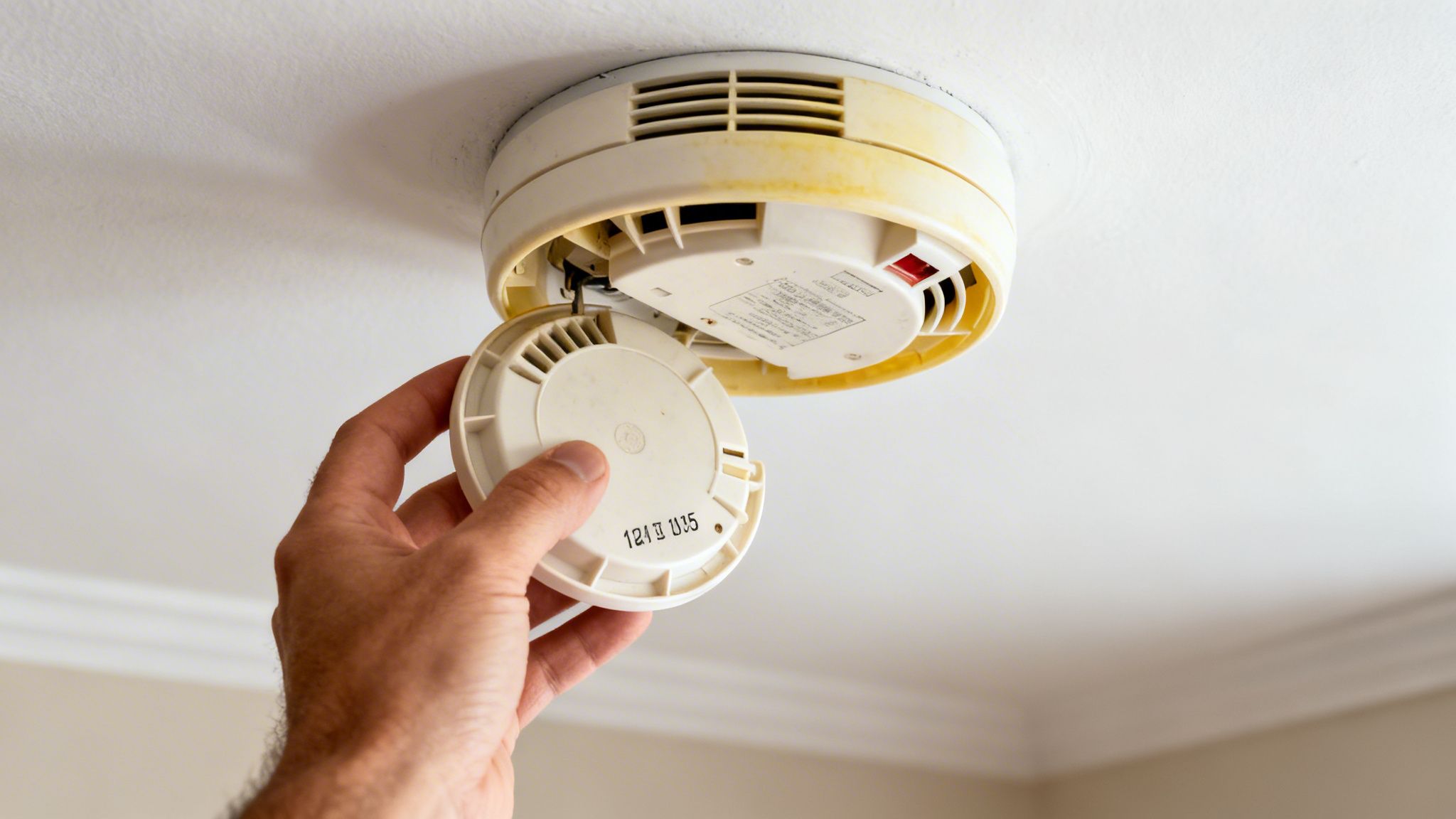 A Hand Opens A Discolored Smoke Alarm On A White Ceiling, Revealing Its Internal Components For Maintenance.