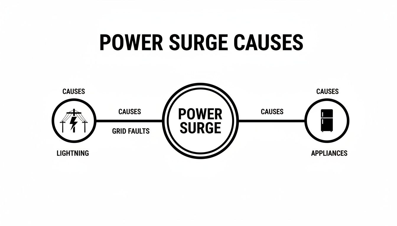 Diagram Illustrating The Common Causes Of Power Surges, Including Lightning, Grid Faults, And Appliances.