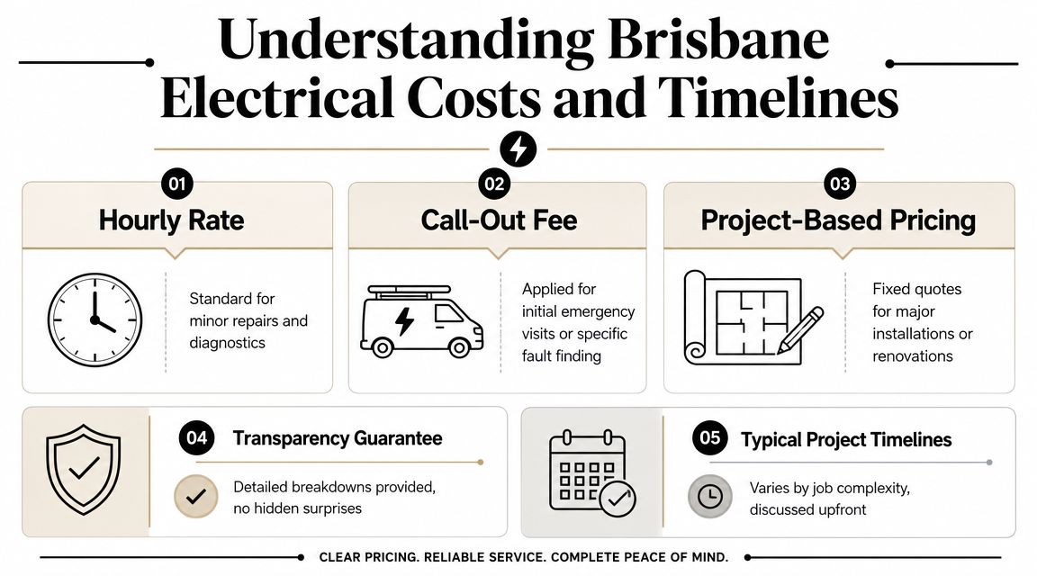 An Infographic Titled Understanding Brisbane Electrical Costs And Timelines, Showing Five Key Factors In Electrical Pricing.