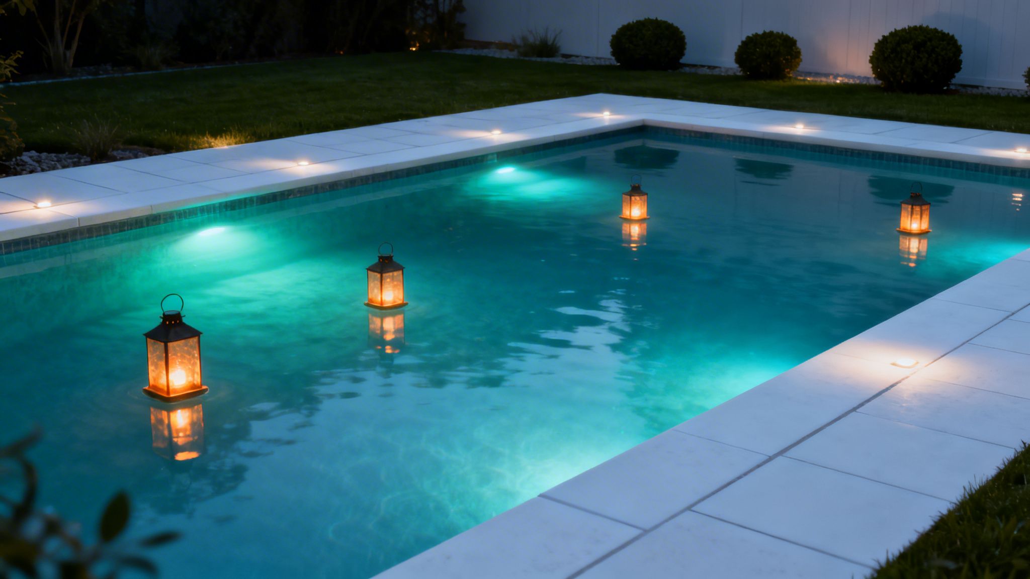 A Beautiful Swimming Pool At Night, Illuminated By Underwater Lights And Glowing Floating Lanterns, Creating A Peaceful Backyard Ambiance.