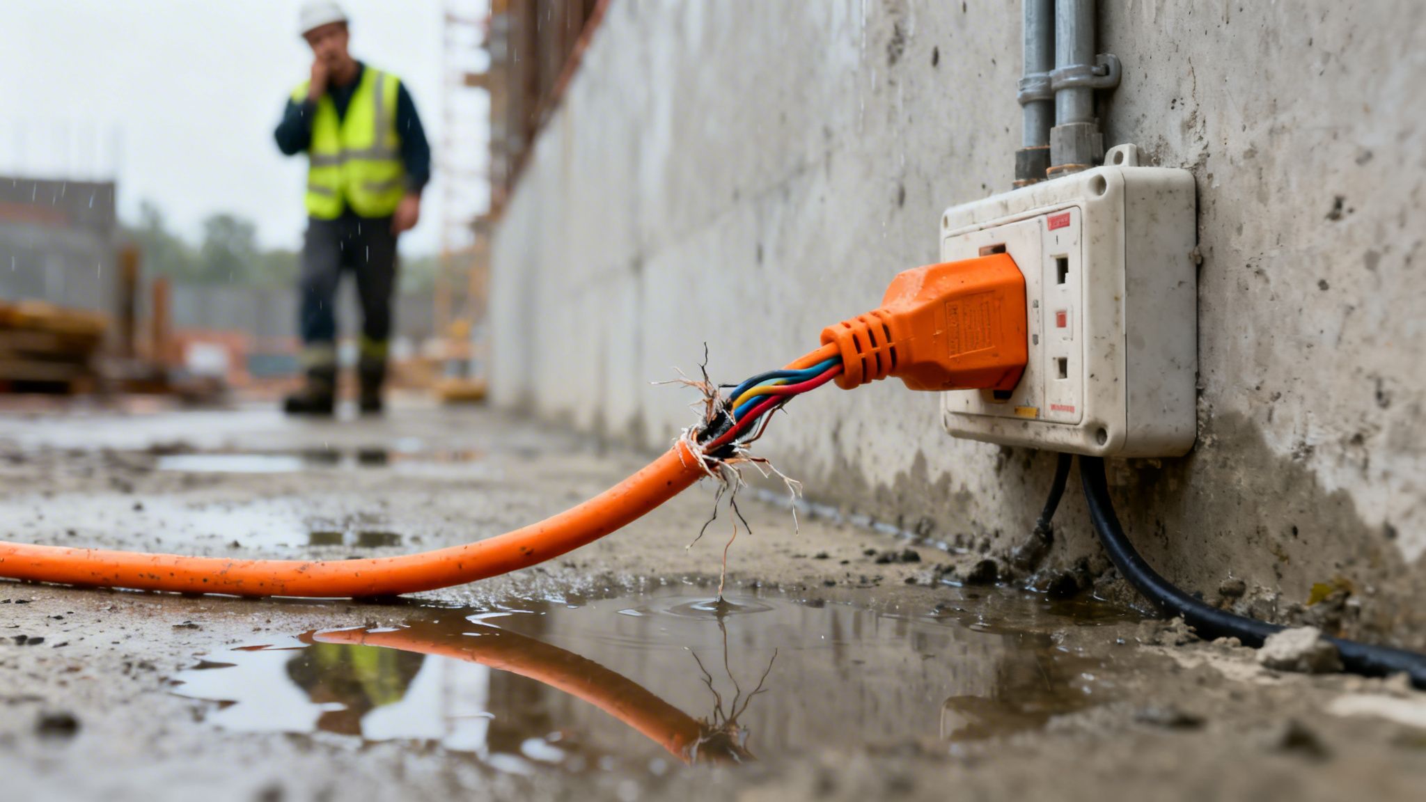 A Severely Damaged Orange Electrical Cord With Exposed Wires Lies In A Puddle, Plugged Into An Outdoor Outlet.