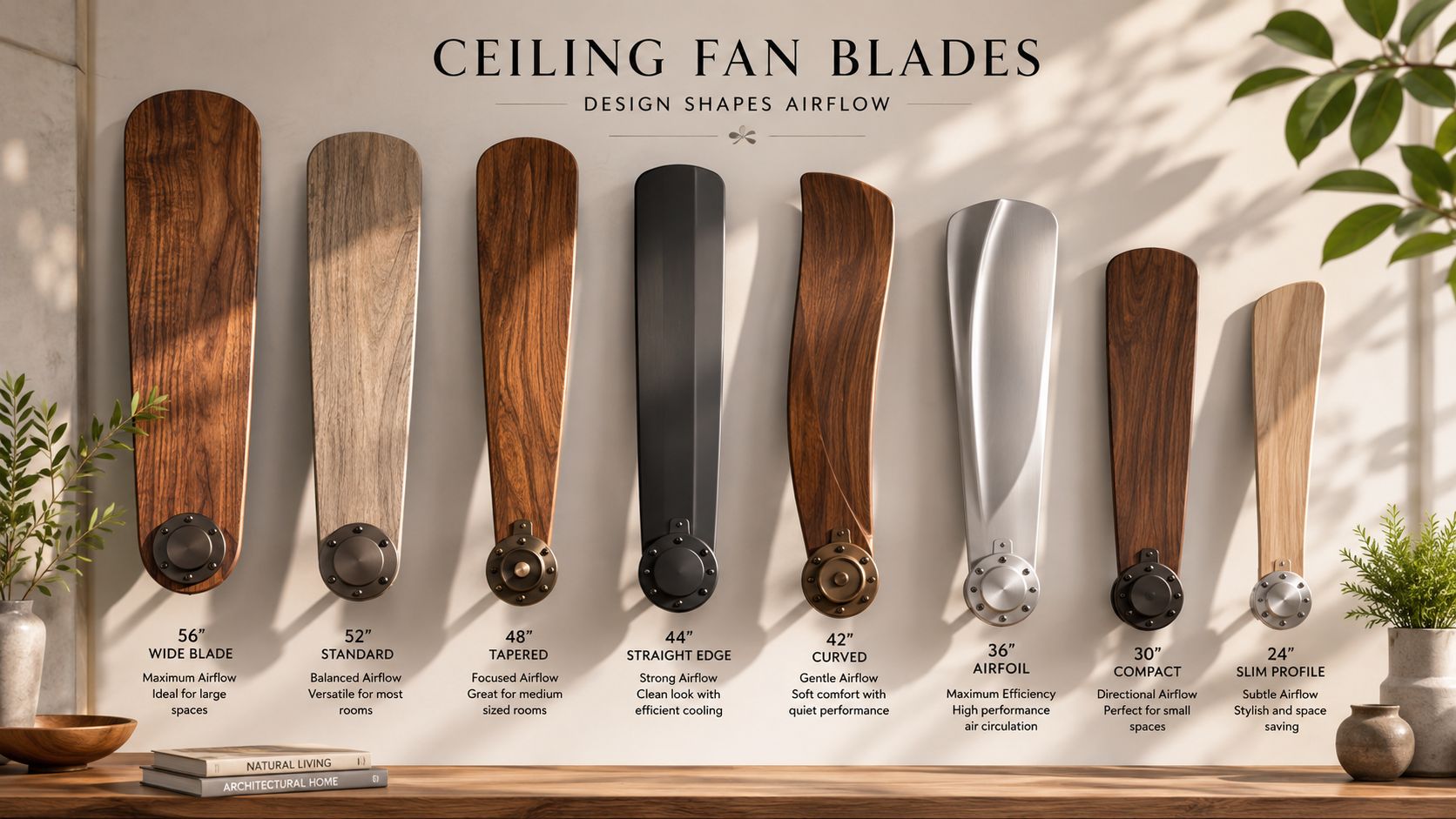A Display Wall Showing Various Ceiling Fan Blade Styles With Their Size, Name, And Airflow Characteristics.