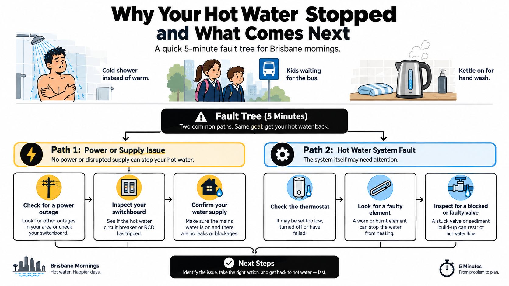 A Fault Tree Diagram Illustrating Steps To Troubleshoot And Fix Common Hot Water System Issues At Home.