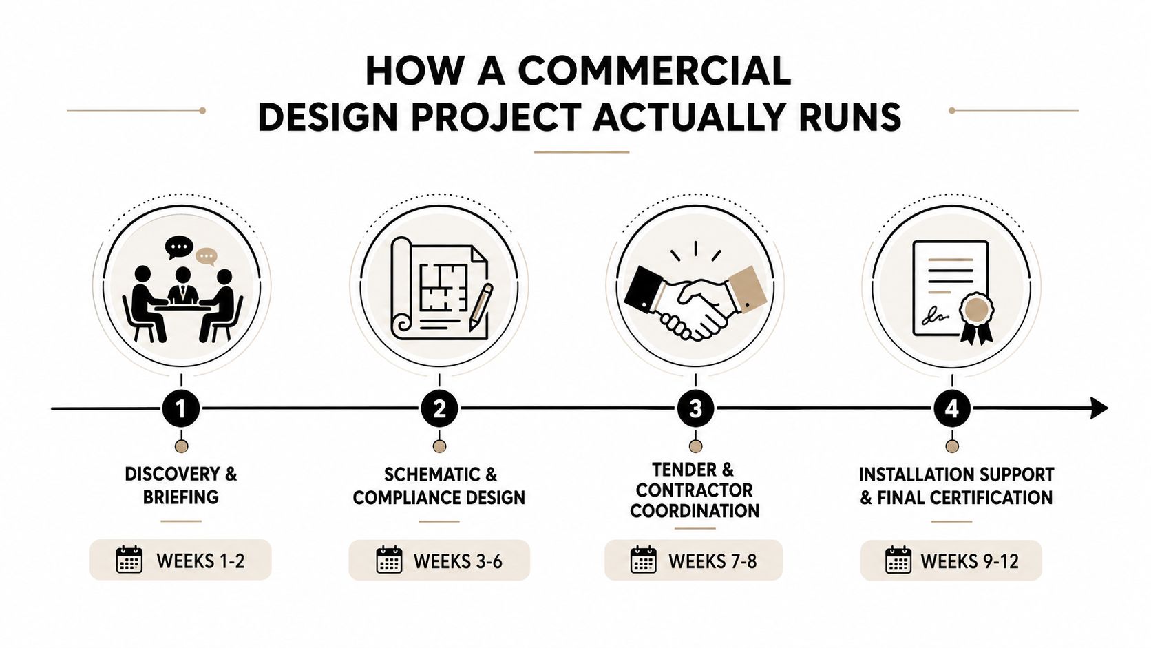 Commercial Electrical Design: A 2026 Safety Guide 4 A Four-Step Infographic Illustrating The Commercial Electrical Design Project Timeline From Initial Briefing To Final Certification.