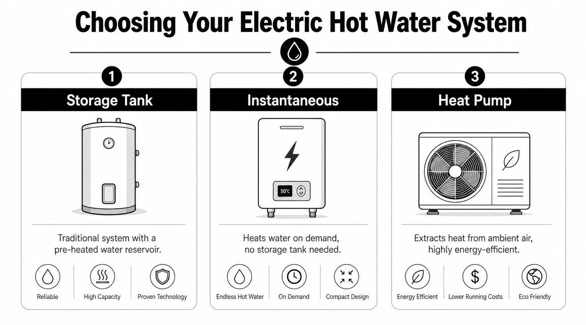 An Infographic Showing The Three Main Types Of Electric Hot Water Systems: Storage Tank, Instantaneous, And Heat Pump.