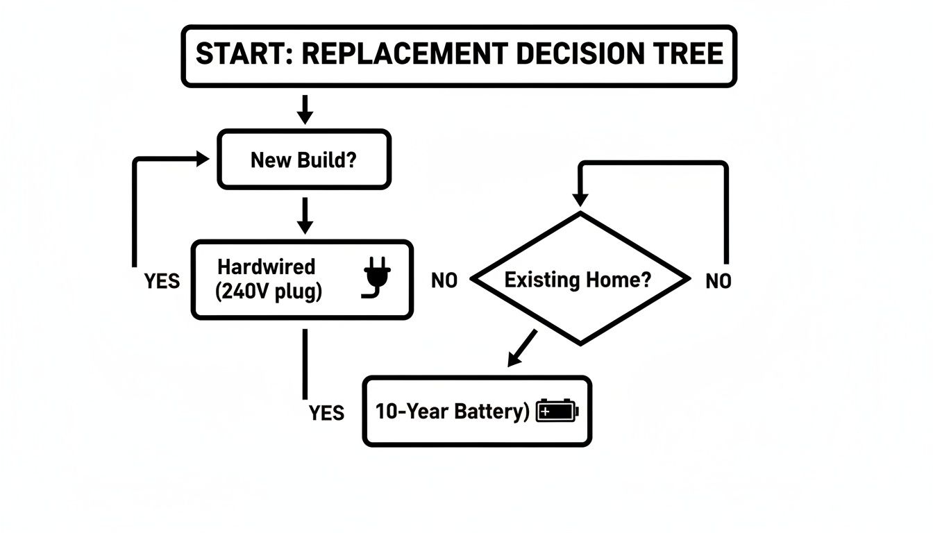 Flowchart Titled 'Start: Replacement Decision Tree' For Smoke Alarms, Guiding Decisions Based On New Builds, Hardwiring, And Existing Homes.