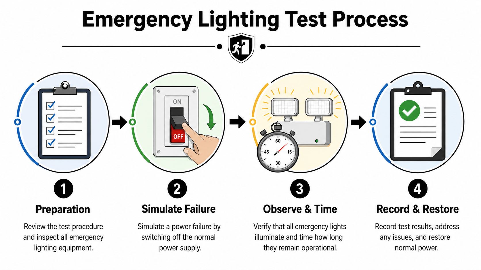 A Four-Step Infographic Illustrating The Professional Procedure For Conducting An Emergency Lighting Test In A Building.