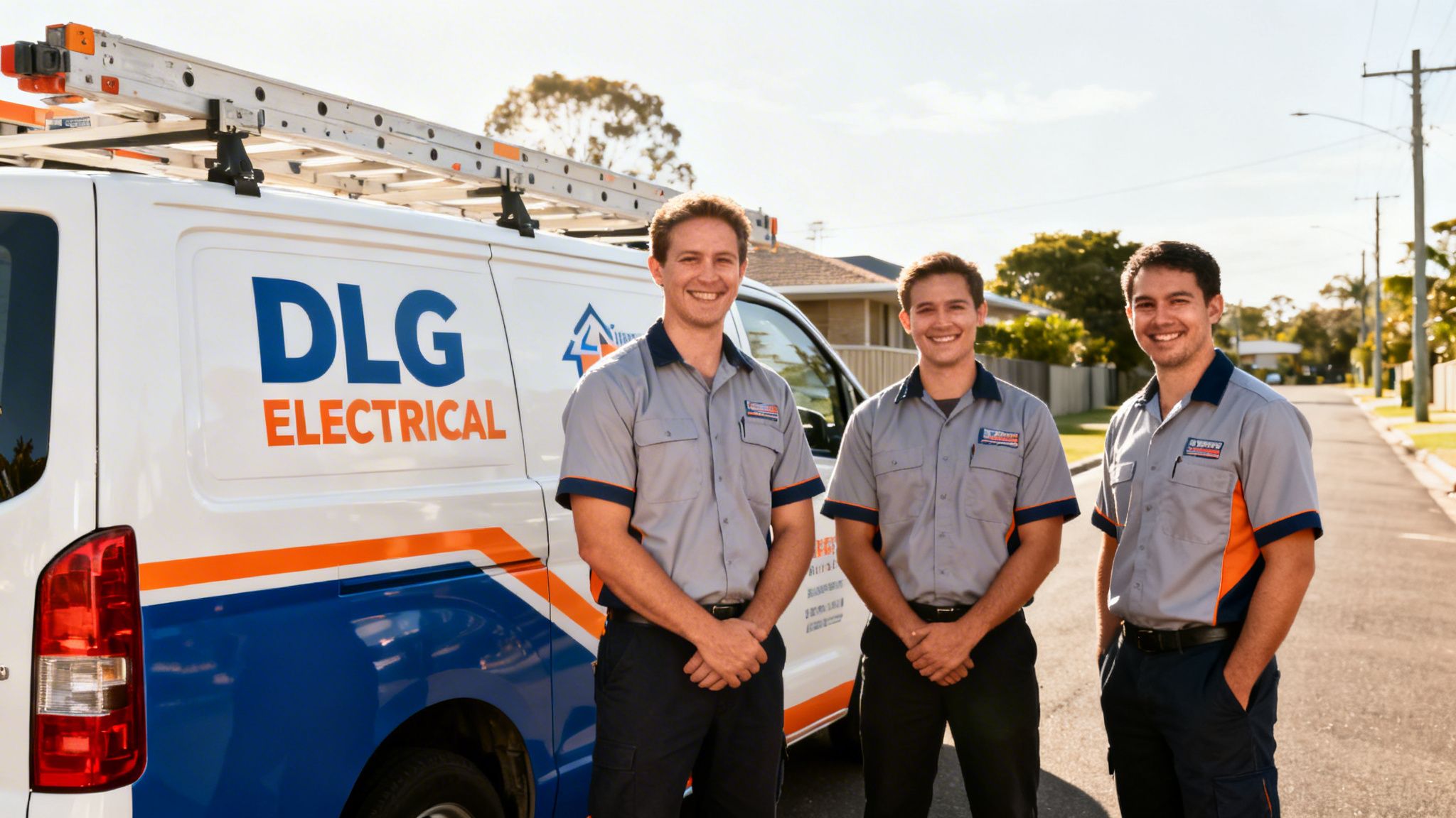 Three Smiling Electricians In Uniform Stand Proudly In Front Of Their Dlg Electrical Van.