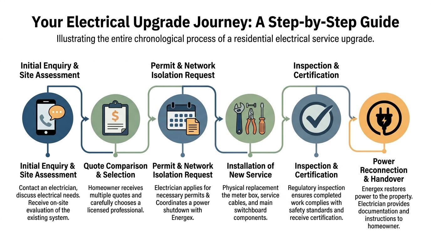 A Flow Chart Illustrating The Six Chronological Steps Of A Residential Electrical Service Upgrade Process.